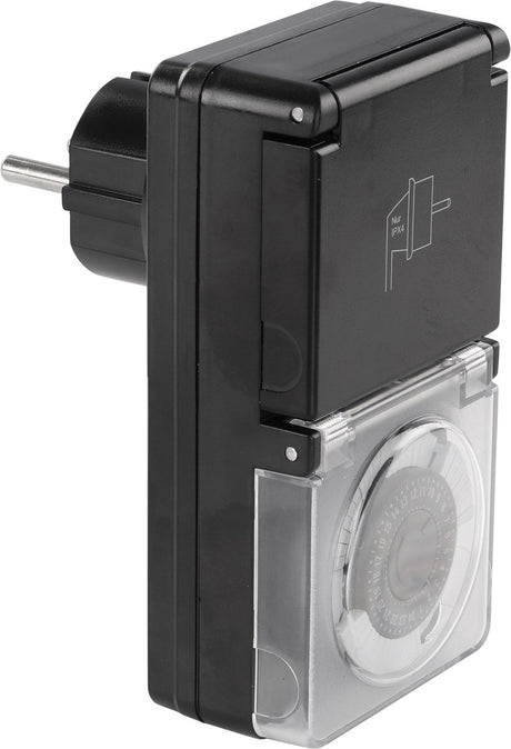 Q-link tijdklok - rechthoekig - analoog - ip44 - zwart - mechanische tijdschakelaar met dagprogramma - 48 schakelmomenten - max. 3500w 16(2)a - 230v~ 50hz - spatwaterdicht