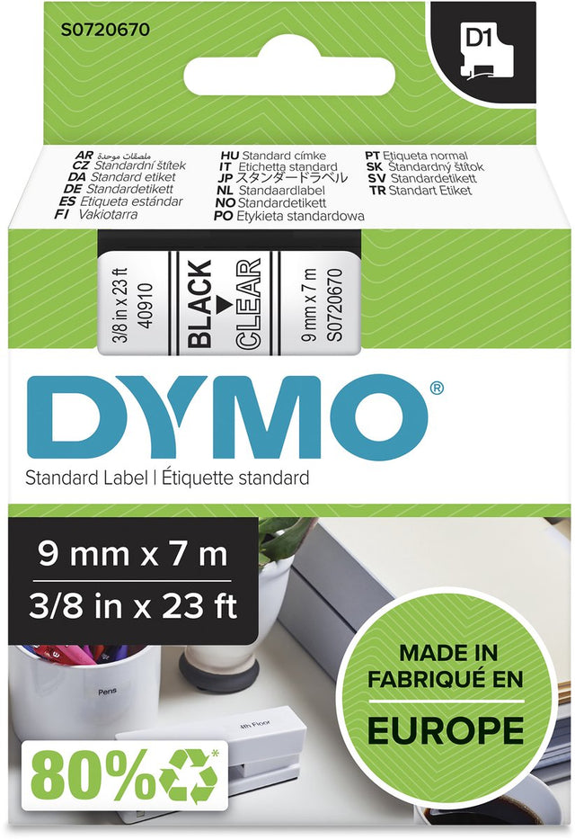 Dymo originele d1 labels | zwarte tekst op doorzichtig label | 9 mm x 7 m | zelfklevende etiketten voor de labelmanager labelprinter | gemaakt in europa