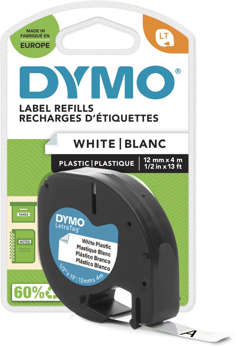 Dymo letratag tape plastic wit (12mm x 4m)