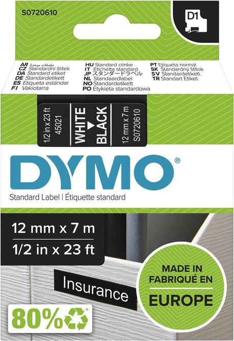 Merkloos sans marque dymo 45021 labeltape tapekleur: zwart tekstkleur: wit 12 mm 7 m - doos 5 stuks