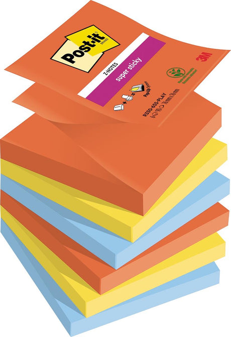 Post-it - super sticky z-notes playful | 90 vel | ft 76 x 76 mm | geassorteerde kleuren | pak van 6 blokken