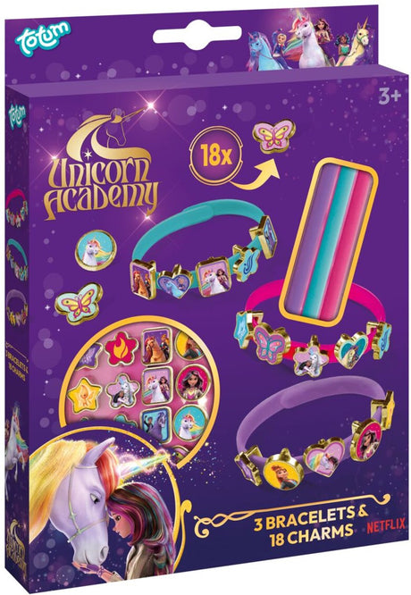 Totum unicorn academy schuifarmbandjes maken - 3 stuks - met 18 bedels - speelgoed kinderen - knutselen - voor meisjes - ook voor kleuters - vanaf 3 jaar -