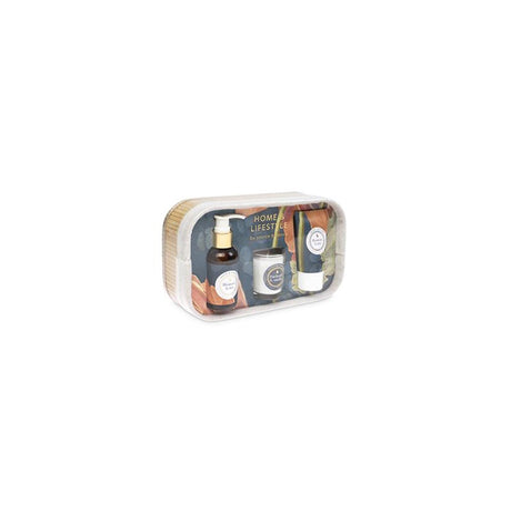 Source balance home life badgeschenkset in bamboe mand met douchegel, bodylotion en geurkaars.
