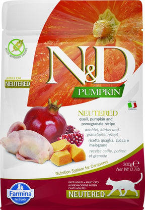 Farmina pet food n d pumpkin voeding voor de gecastreerde kat kwartel 300 gr.