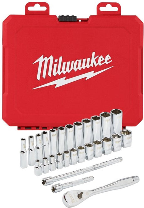 Milwaukee ratel + doppen set 1 4 drive 28 pc ratchet + socket set metric - 4932464943
