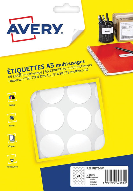 Avery etiket a5 30mm rond blister 240st wit