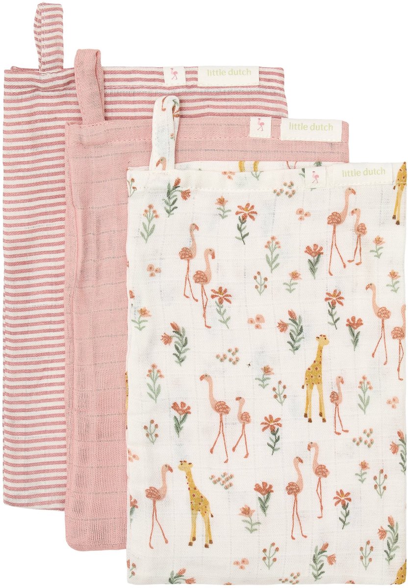 Little dutch blooming safari washandjes set - 14 x 21 cm - roze