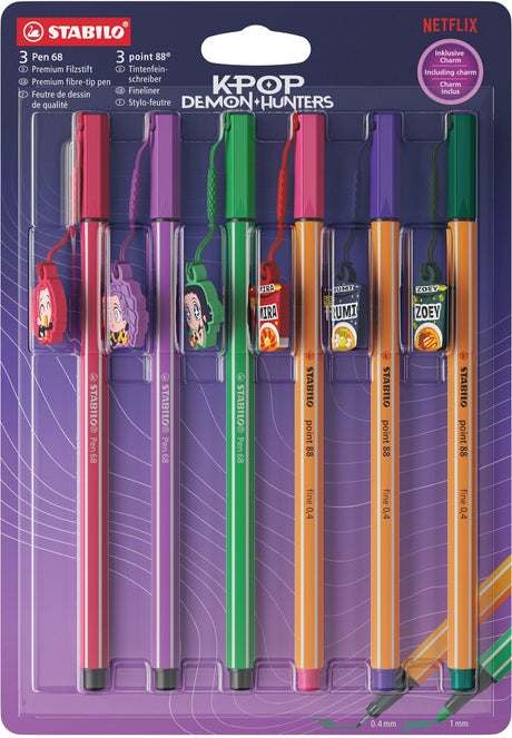 Stabilo x kpop demon hunters pen 68 point 88 - viltstift fineliner + kpop charm - blister met 6 stuks