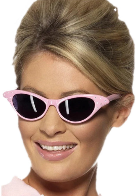 Smiffys rock en roll pink lady zonnebril - roze grease ladies bril met strass