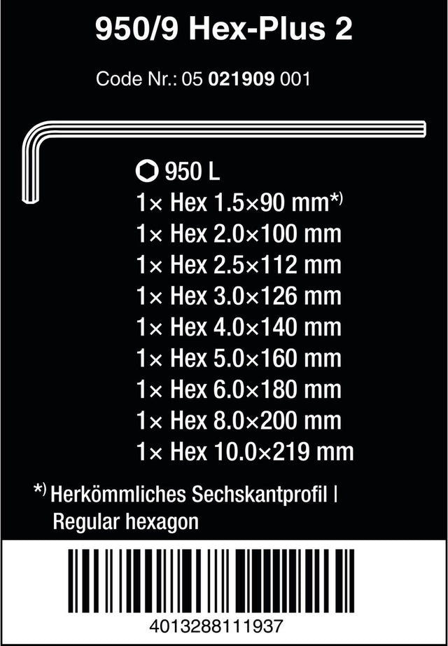Wera 05021909001 9-delige inbussleutelset - 1,5-10mm