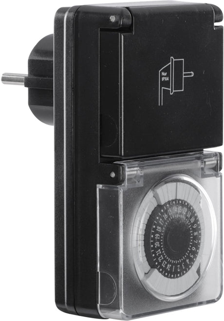 Q-link tijdklok - randaarde - ip44 spatwaterdicht - vaste ruiter - 48 schakelmomenten - minimale schakeltijd 30 minuten - max. 16a (3500w) - voor binnen buiten - zwart