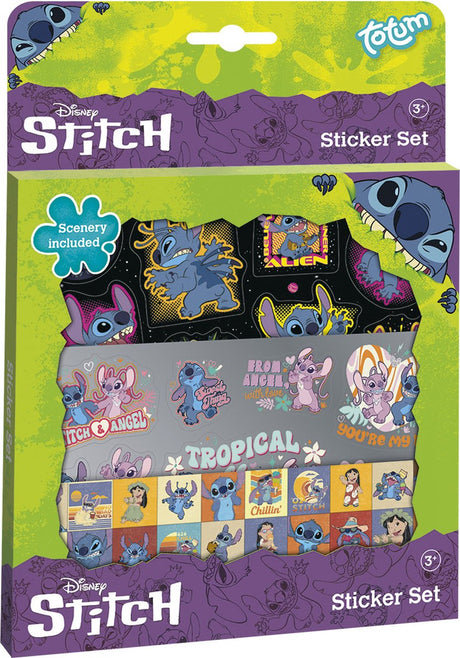 Totum disney stitch stickers set - 3 stickervellen - met speelachtergrond - speelgoed kinderen - knutselen - voor meisjes en jongens - ook voor kleuters - vanaf 3 jaar -