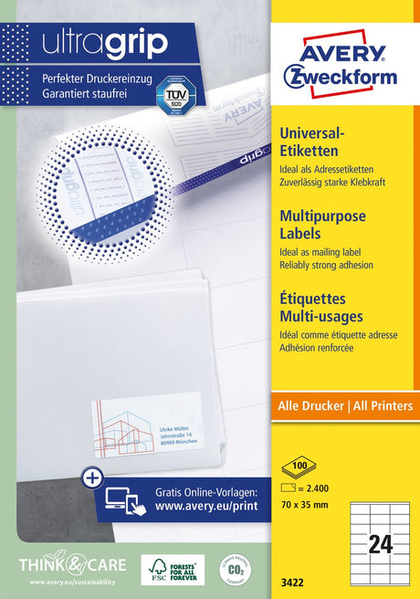 Avery witte etiketten quickpeel formaat 70 x 35 mm (b x h) 2.400 stuks 24 per blad doos van 100 blad