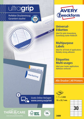 Avery witte etiketten quickpeel formaat 70 x 297 mm (b x h) 3.000 stuks 30 per blad doos van 100 blad