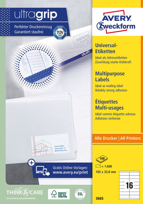 Avery universele etiketten, wit, 105,0 x 33,8 mm, permanent klevend