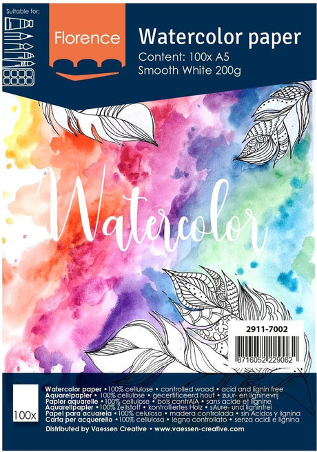 Florence aquarelpapier - a5 - 200g - 100 gladde vellen - wit