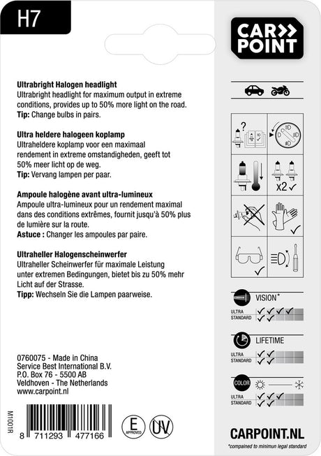 Carpoint ultrabright h7 12v 55w halogeenlamp – krachtig licht - duurzaam - energiezuinig weersbestendig