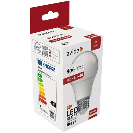 Avide led globe lampa60 8w e27 fitting 3000 kelvin warmwit 806 lumen a+