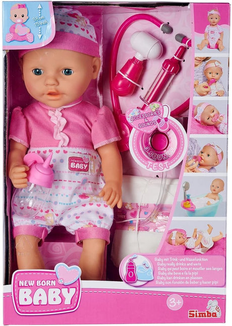 Simba new born baby - babypop met doktersaccessoires - stethoscoop met geluid - drink en plasfunctie - 38cm - babypop