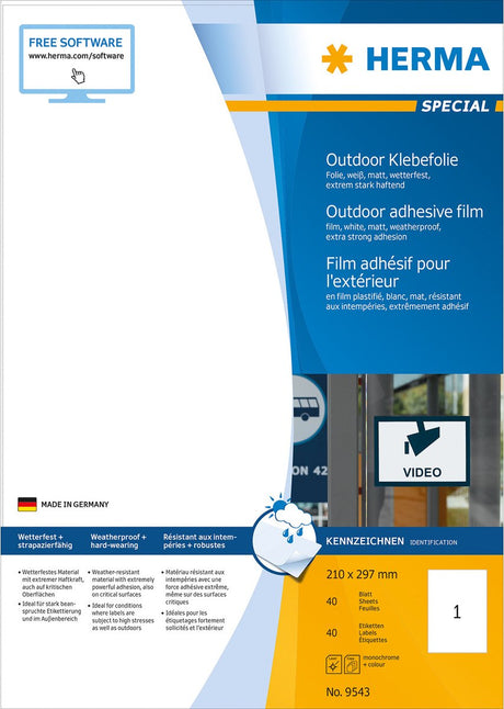Herma 9543 etiketten (a4) 210 x 297 mm polyethyleen folie wit 40 stuk(s) extra sterk hechtend folie-etiketten