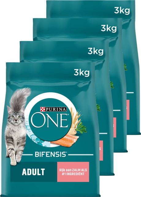 Purina one adult - kattenbrokjes - zalm volkoren granen - 4 x 3 kg