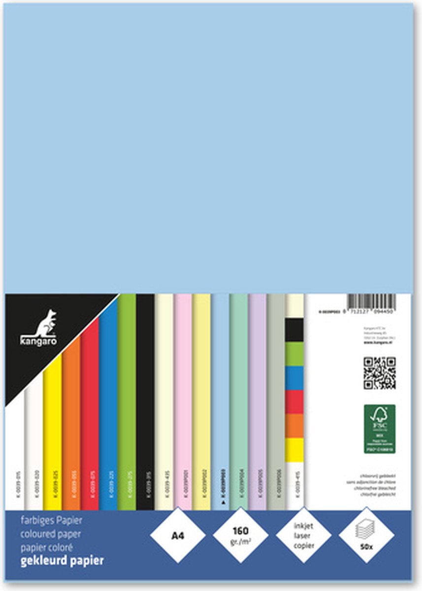 Kangaro papier - a4 - 160 gram fsc - pak 50 vel - pastel blauw - k-0039p003