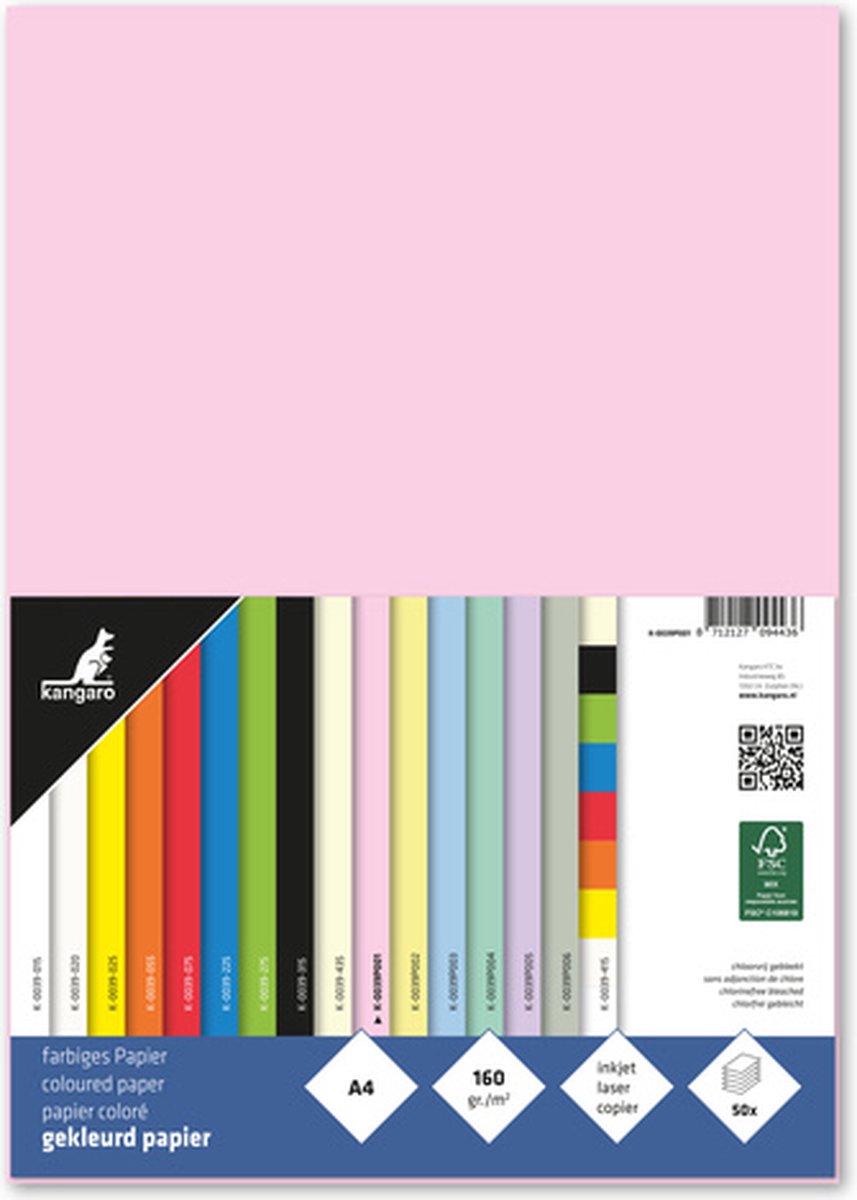 Kangaro papier - a4 - 160 gram fsc - pak 50 vel - pastel roze - k-0039-p001