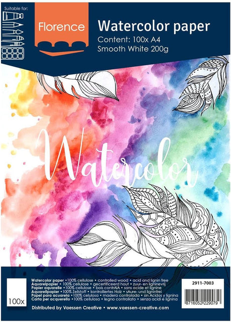 Florence aquarelpapier - a4 - 200g - 100 gladde vellen - wit