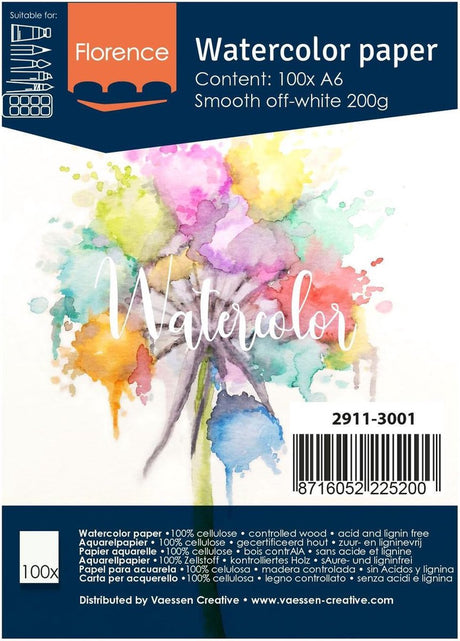 Florence vaessen aquarelpapier - off white - a6 - 200 grams - gladde structuur - smooth - florence - 100 vellen