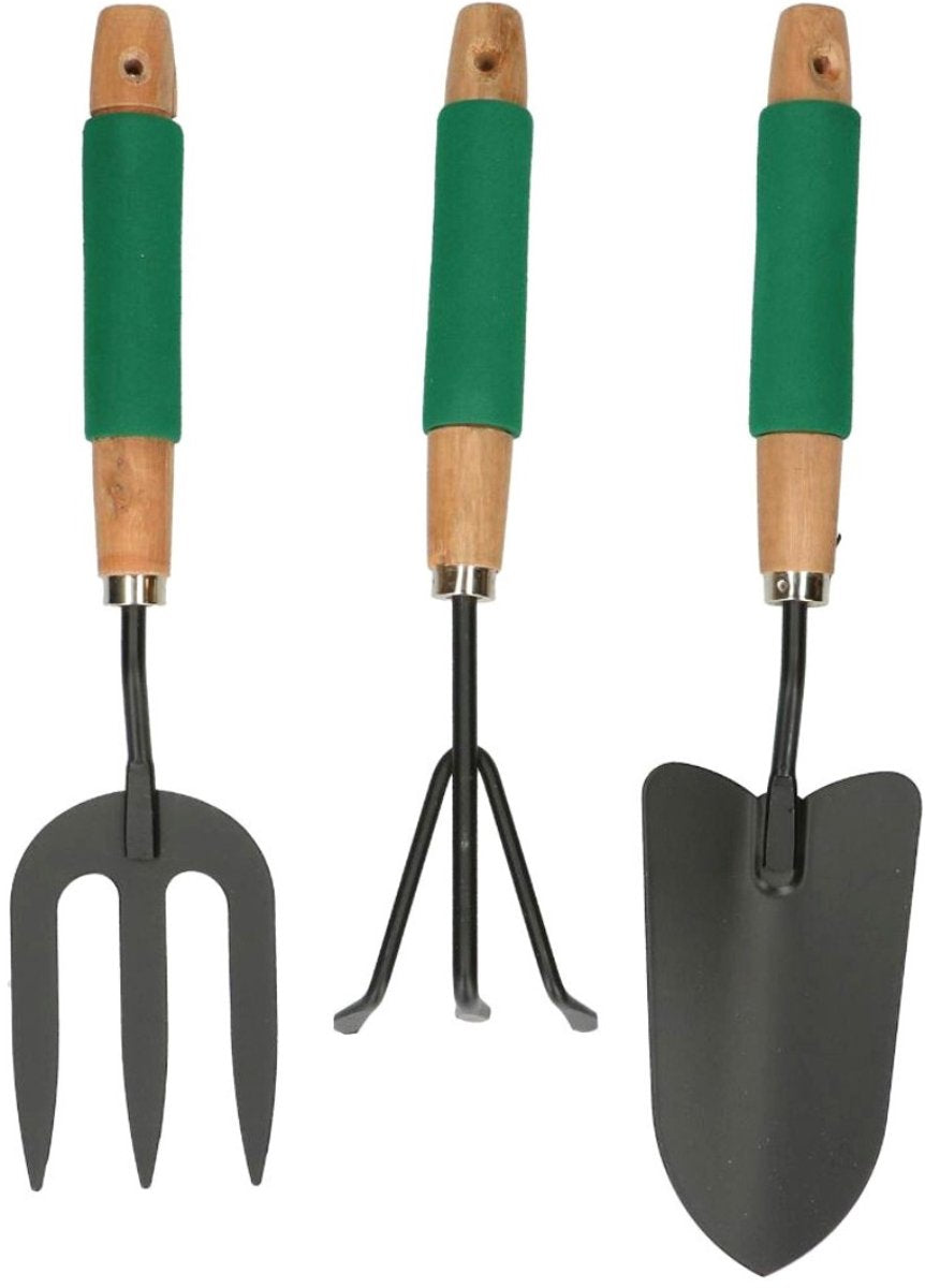 Kinzo tuingereedschap set 3-delig - set met handhark, vork en schep - comfort grip en antiaanbaklaag - tuinaccessoires voor bloempotten en borders