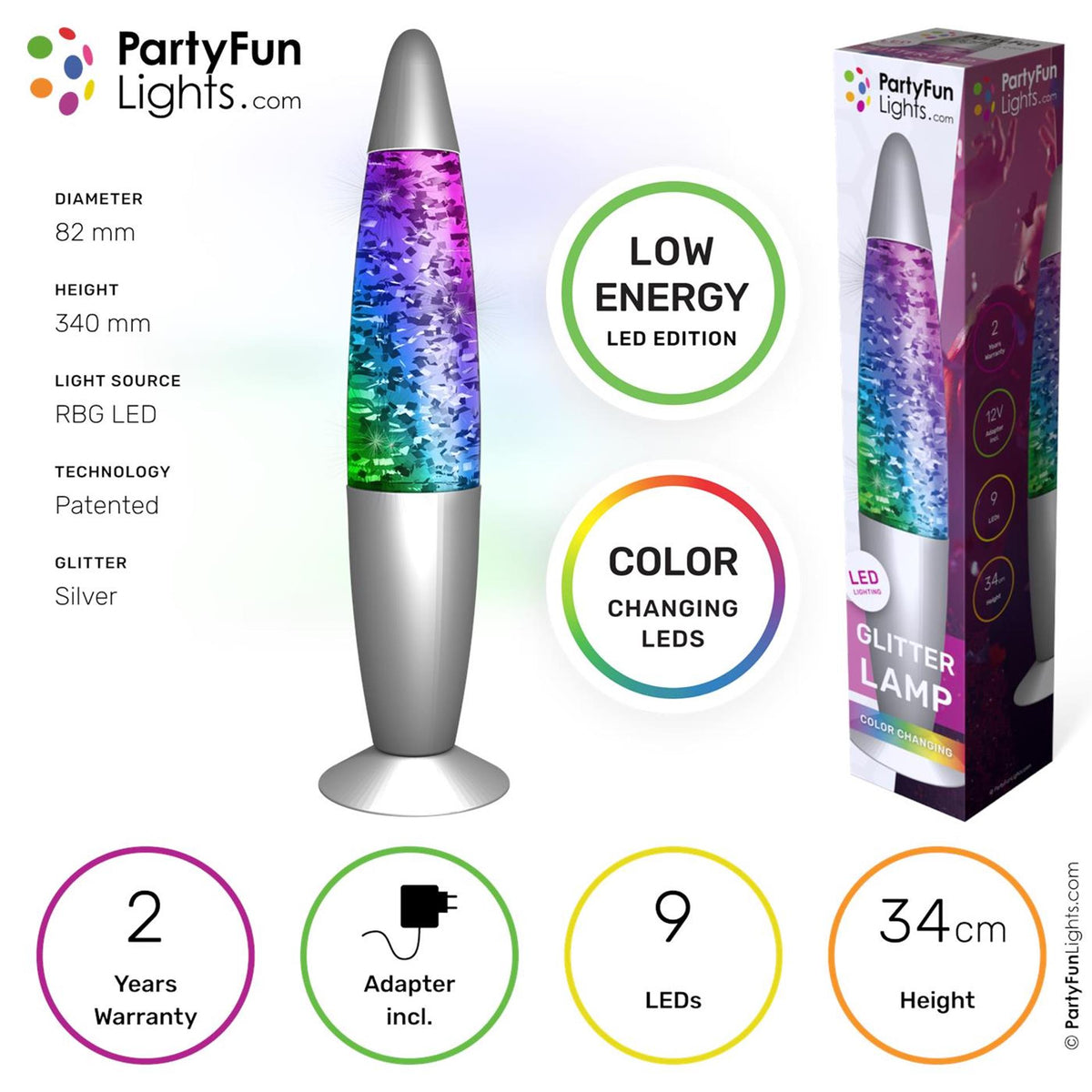 Partyfun lights lavalamp met glitter led h34cm