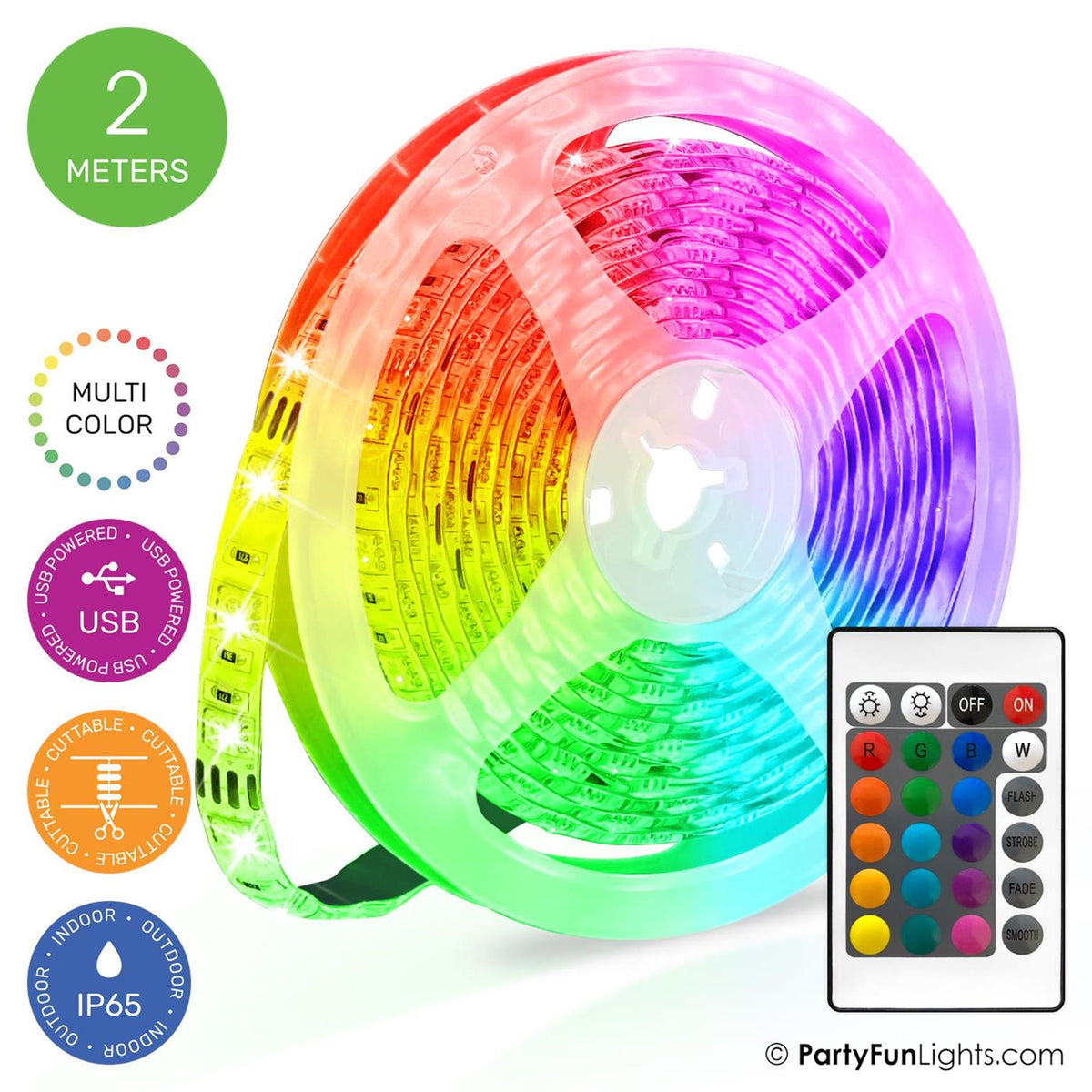 Partyfun lights usb led strip 2meter ip65met afstandsbediening, sefl-adhesive