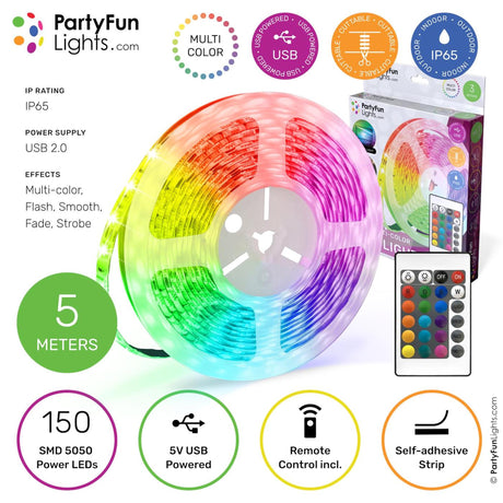 Partyfun lights partyfunlights - led strip - multi-color rgb - werkt op usb - 5 meter