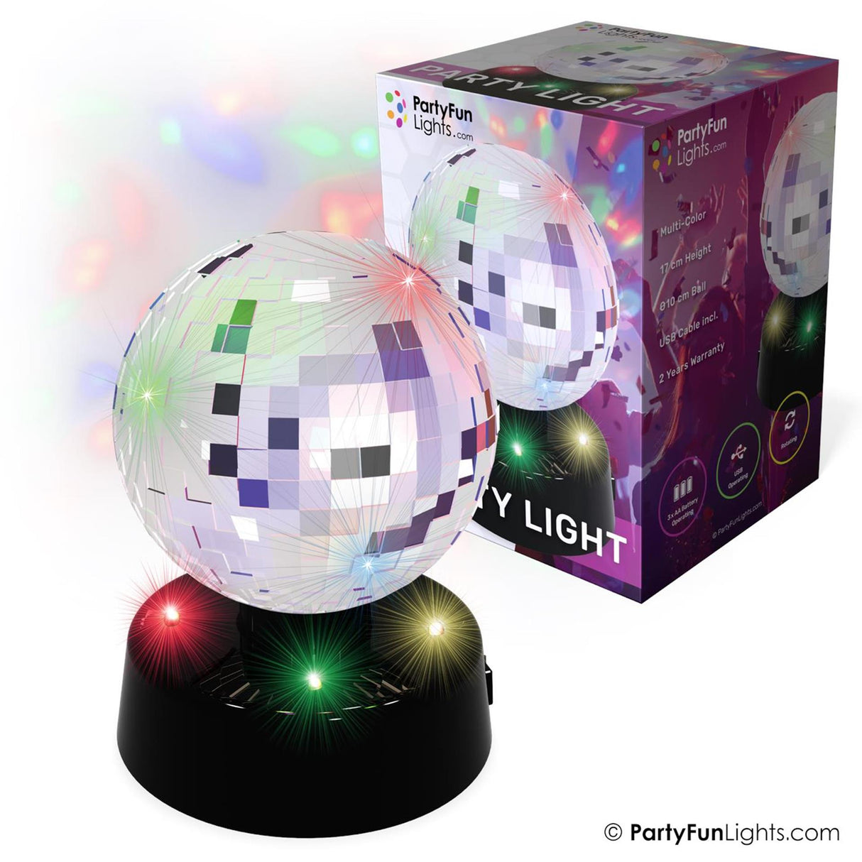 Partyfun lights partyfunlights - discolamp met spiegelbol - werkt op usb én batterijen - multi-color led - roterend