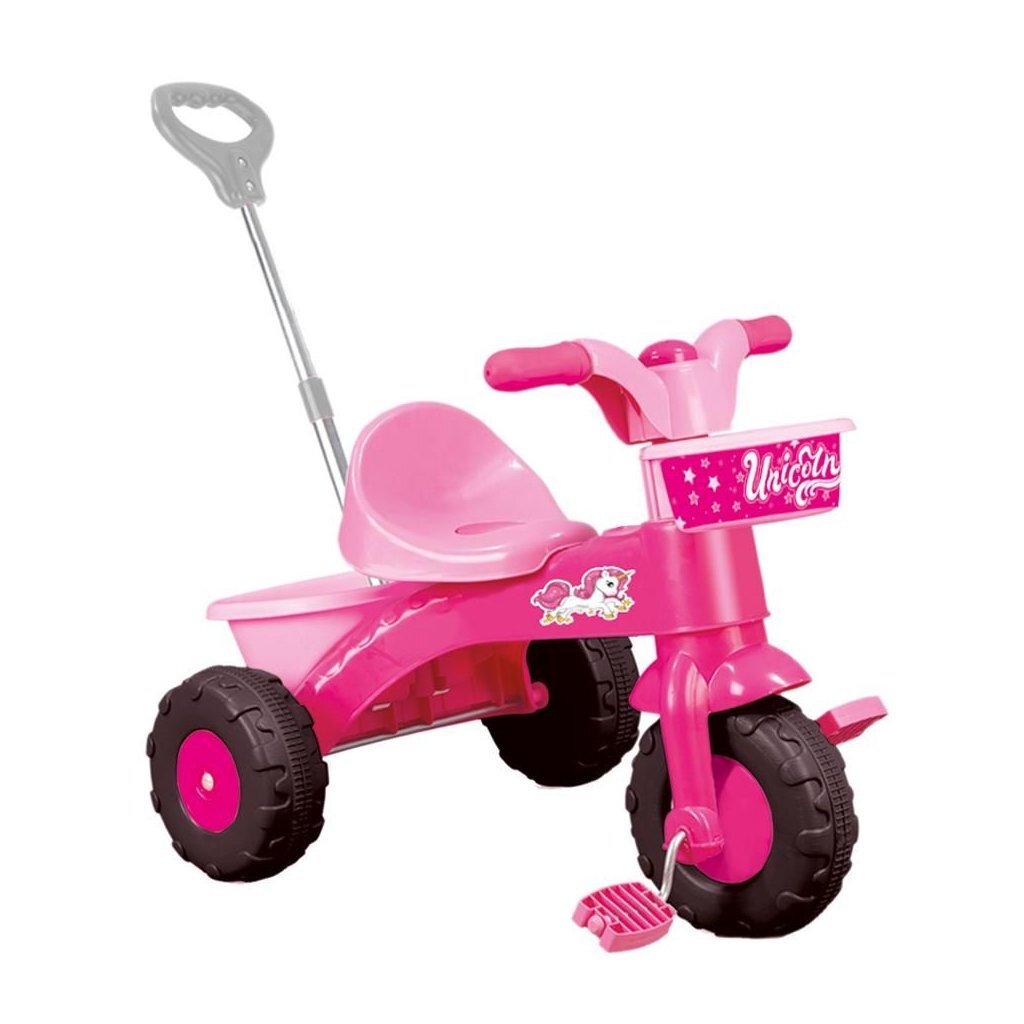 Tricycle Dolu Unicorn avec Push Bar Pink