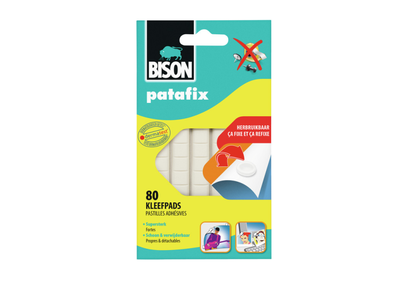 Bison patafix, verwijderbare en herbruikbare kleefpads, wit, 80 stuks, slimme alternatief voor spelden, tape en punaises, verwijderbaar, herbruikbaar, bevestiging van foto's postkaarten en meer