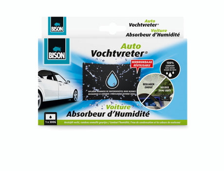 Bison vochtvreter® auto, luchtonvochtiger speciaal voor in de auto, bestrijdt vocht en condens in auto's, herbruikbaar, 300g, eenvoudig en veilig in gebruik