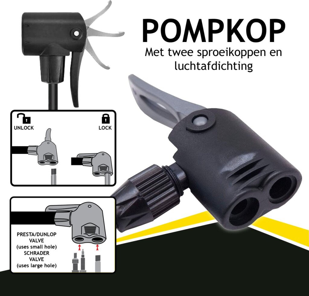 Dunlop Staande Fietspomp Uitvoering Analoge Drukmeter Dubbele Ventielkop Zwart