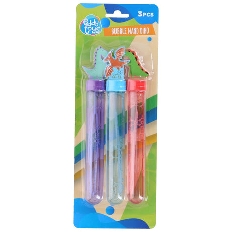 Eddy toys bubble wand dino 3pc - bellenblaasstok met dinosaurusthema - inhoud 59ml - voor buiten speelplezier - kleuren blauw, paars en rood - compact en makkelijk mee te nemen