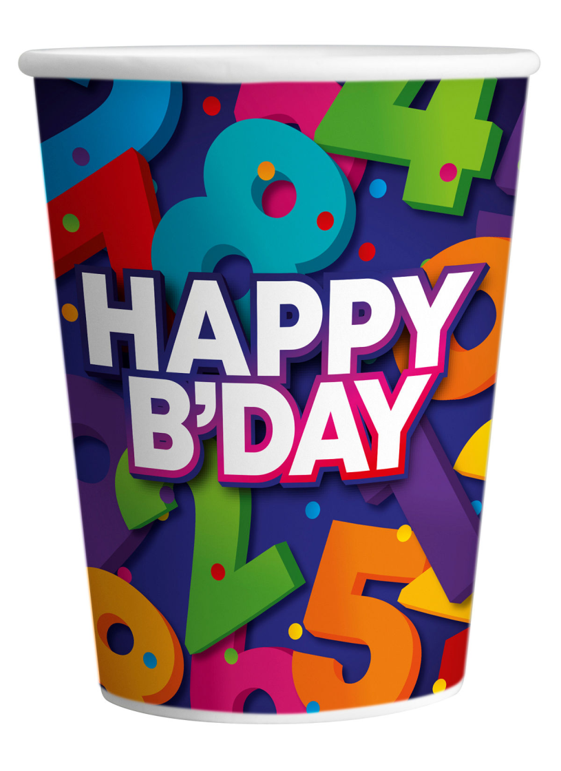 Bekers cijfers 25cl 8 stuks - happy b-day