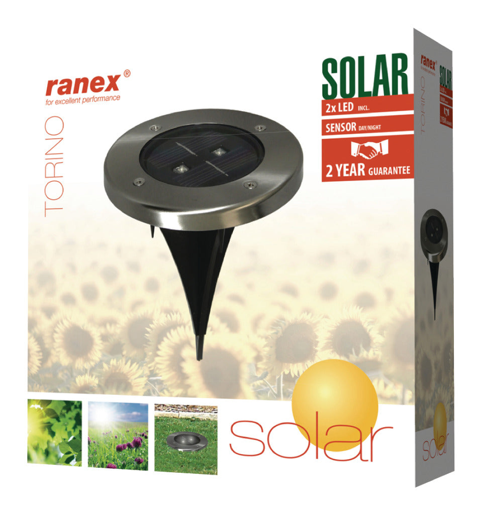 RANEX RA-5000389 Redondo LED Solar molido Solar Cepillo de acero inoxidable vidrio de acero inoxidable