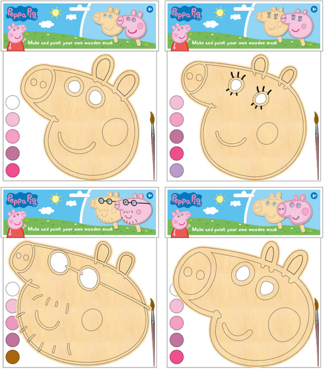 Peppa pig kleur je eigen houten masker - 4 assorti
