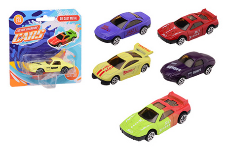 Johntoy kleur veranderende die cast auto 1:64 op kaart - 4 assorti