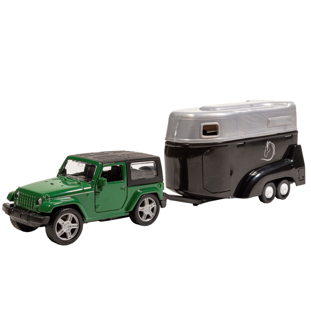 Basic City Die Cast Jeep con rimorchio di cavallo verde nero