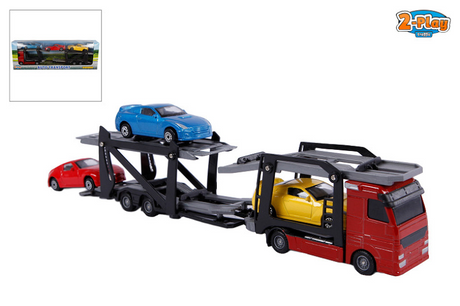 2-play autotransporter diecast met 3 auto's 26 cm multicolor