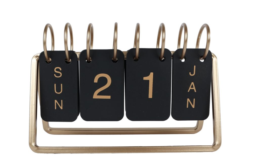 Bureaukalender datum zwart goud metaal 18x6x12,5cm
