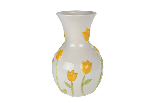 Vaas tulipe wit geel aardew 18,5x18,5x28cm