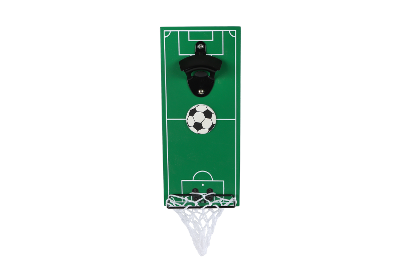 Bieropener football groen hout metaal 12x28x7cm