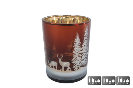 Theelichthhouder hert dennenboom m bruin glas 10x10x12,5cm