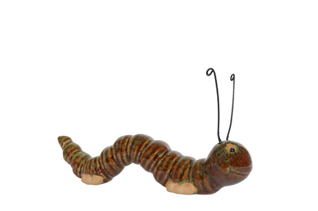 Sculptuur caterpillar s bruin groen aardew 15x3,5x6cm